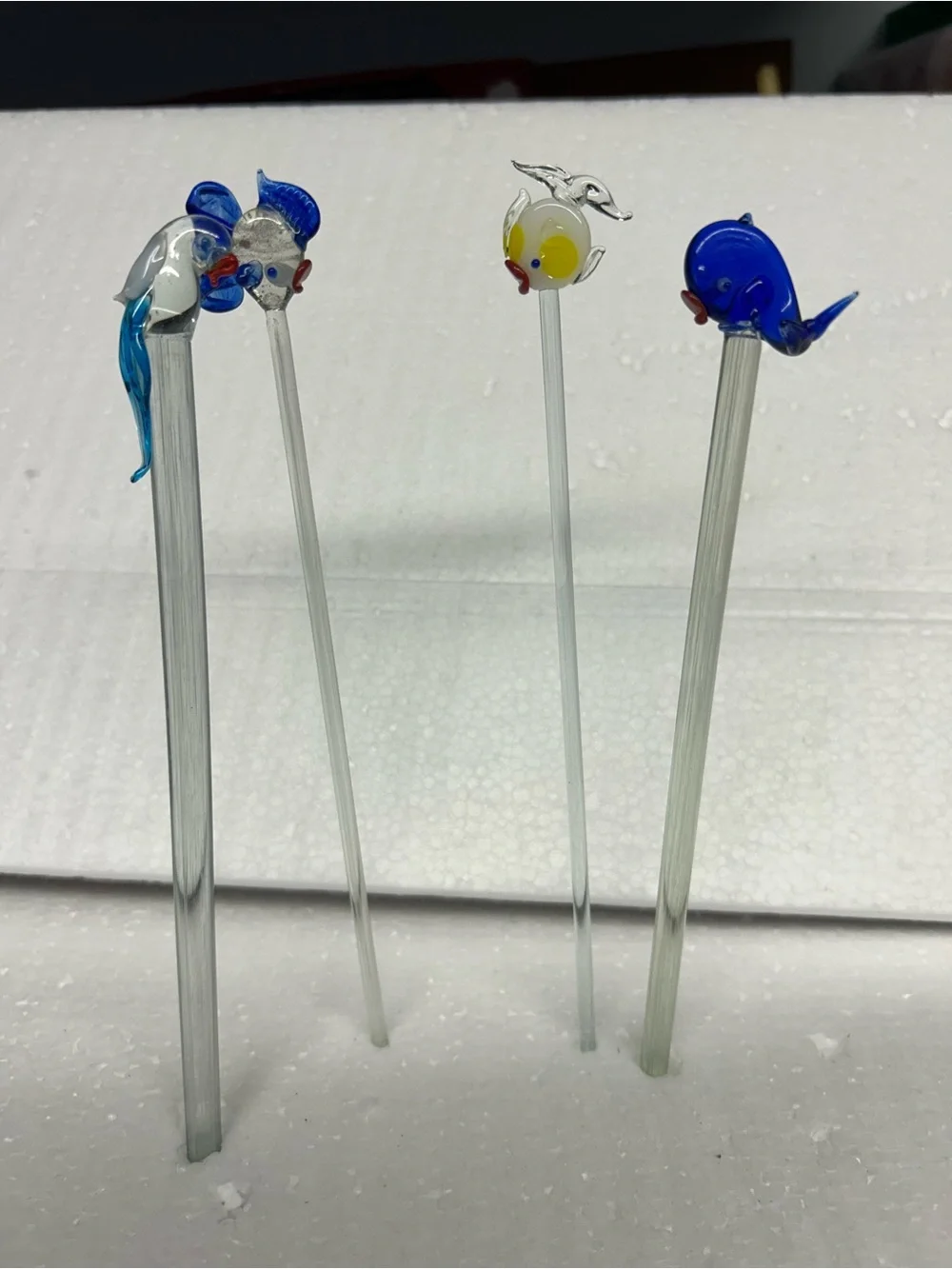 Handmade Glass Fish Drink Stirrer Set - Blue & Clear pop